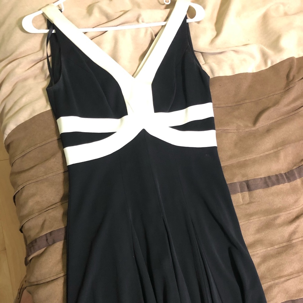 Black and white formal dress.